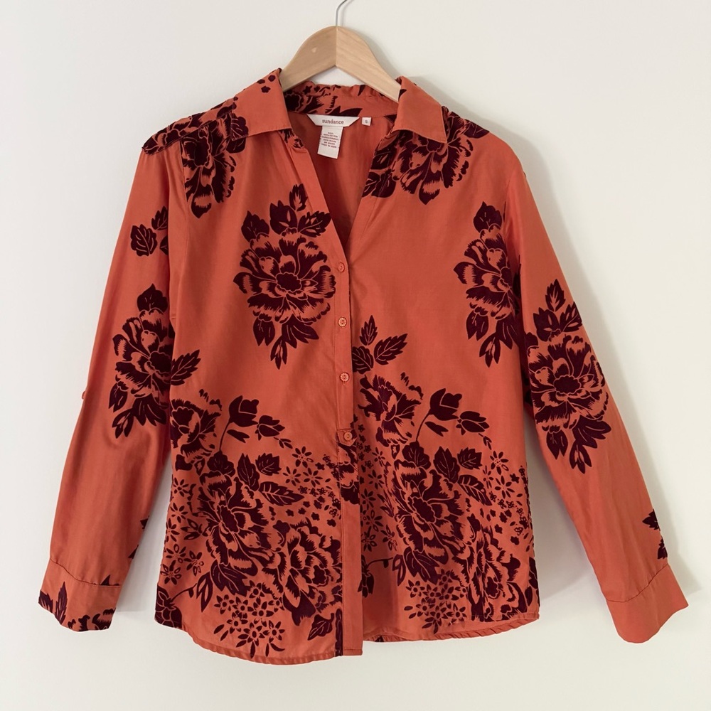 Sundance Velvet Vignette Long Sleeve Button Shirt, Orange w/Burgundy Floral, S - Picture 3 of 13